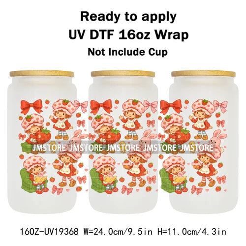 Strawberry Girls Cartoon Magic Mirror UV DTF Transfer Sticker Cup Tumbler Wrap For 16OZ Libbey Glass Wraps Bottle Mug DIY Labels