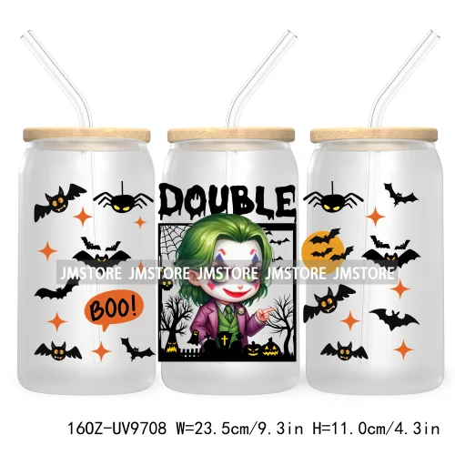 Halloween Double Trouble UV DTF Sticker For 16OZ Libbey Glass Cup Can Wrap Horror Princess Transfer Printing Custom Labels Logo