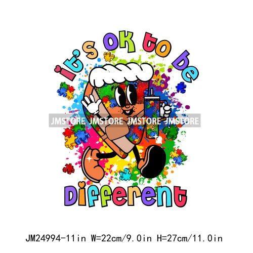 Colorful Autism Awareness Printing It's Okay To Be Different Iron On Heat Press DTF Transfer Stickers Ready To Press For Clothes