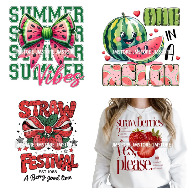 Hello Summer Vibes Watermelon Strawberry Fruit Festival Lover Coquette Iron on DTF Transfers Sticker Ready to Press for T-shirts