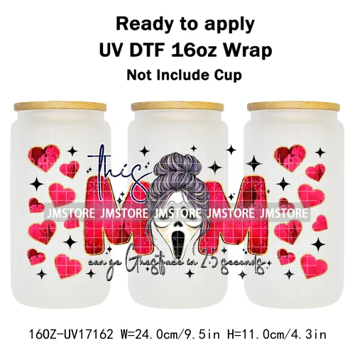 Halloween Horror Movies Mom Messy Bun UV DTF Stickers Ready To Apply Cup Wrap Custom Labels DIY Craft For 16OZ Libbey Can Glass