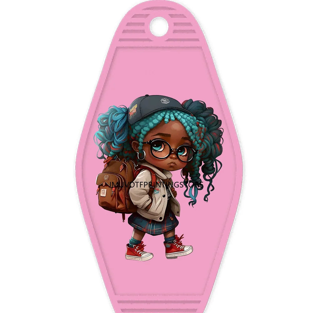 School Melanin Black Girls With Luggage High Quality WaterProof UV DTF Sticker For Motel Hotel Keychain Afro Children