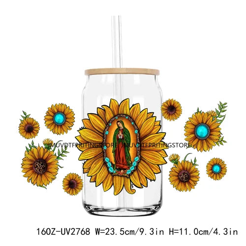 Mexico Faith Lady With Roses 16OZ UV DTF Cup Wrap Transfers Stickers Custom Labels DIY Waterproof Logo For Libbey Glass Can