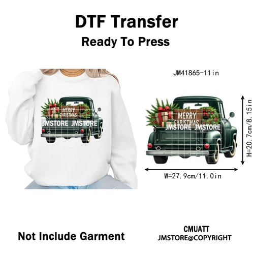 Christmas Pickup Truck Car Winter Tree Snowy Holiday Decoration Iron on DTF Heat Transfers Stickers Ready to Press for Clothing
