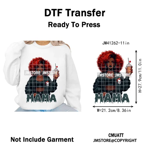 Coffee Lover Afro Mama Spooky Halloween Killer Cartoon Women Iron on Washable DTF Transfers Stickers Ready to Press for Hoodies