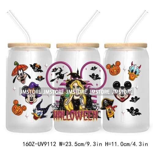 3D Halloween Princess UV DTF Sticker For 16OZ Libbey Glass Cup Can Wrap Transfer Stickers Custom Labels DIY Logo Bats Pumpkin