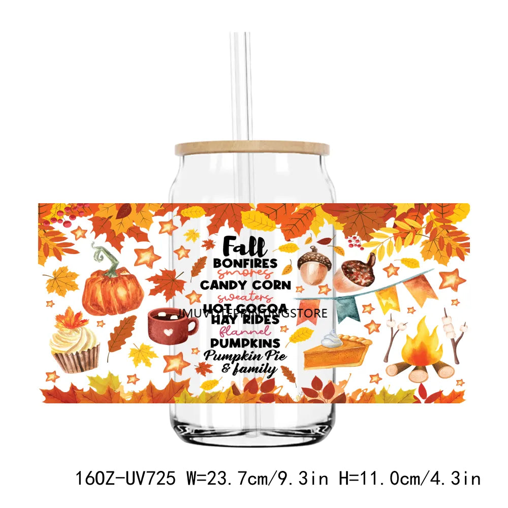 Fall Season Autumn Pumpkin 16OZ UV DTF Cup Wrap Transfers Stickers DIY Durable Waterproof Logo For Libbey Glass Can