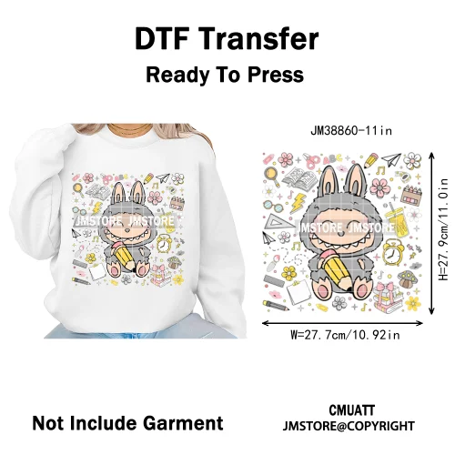 Floral Cute Checkered Cartoon Monster Character Iron on DTF Washable Transfers Stickers Designs Ready to Press for Textile Bags