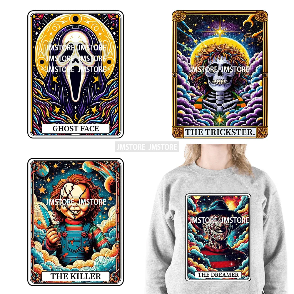 New Halloween Trickster Killer Scary Characters Tarot Cards Thermal Logos DTF Iron On Heat Press Transfers Stickers For Clothes