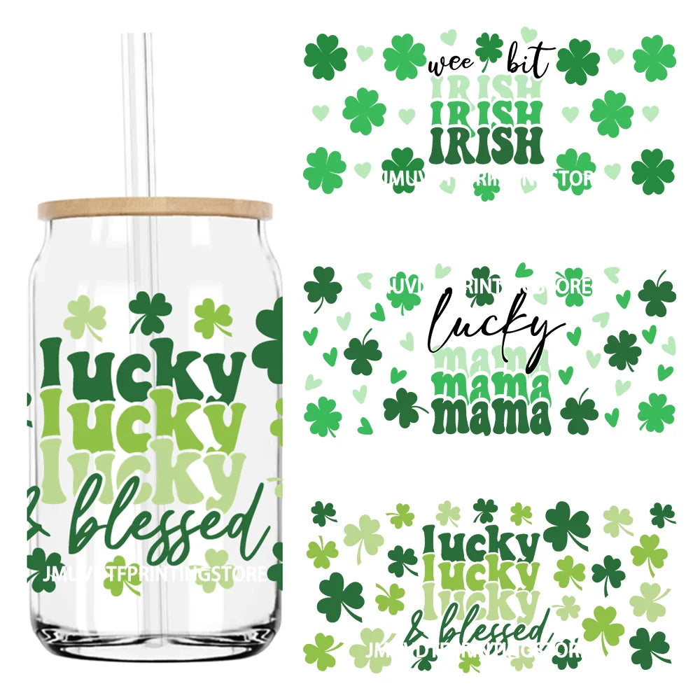 Lucky Blessed 16OZ UV DTF Cup Wrap Transfers Stickers Shamrock Four Leaf Custom Labels DIY Waterproof Logo For Libbey Glass Can