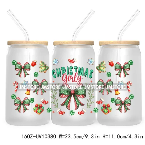 Just A Girl Who Loves Christmas UV DTF Sticker For 16OZ Libbey Glass Cup Can Wrap Transfer Stickers Custom Label Gingerbread Bow