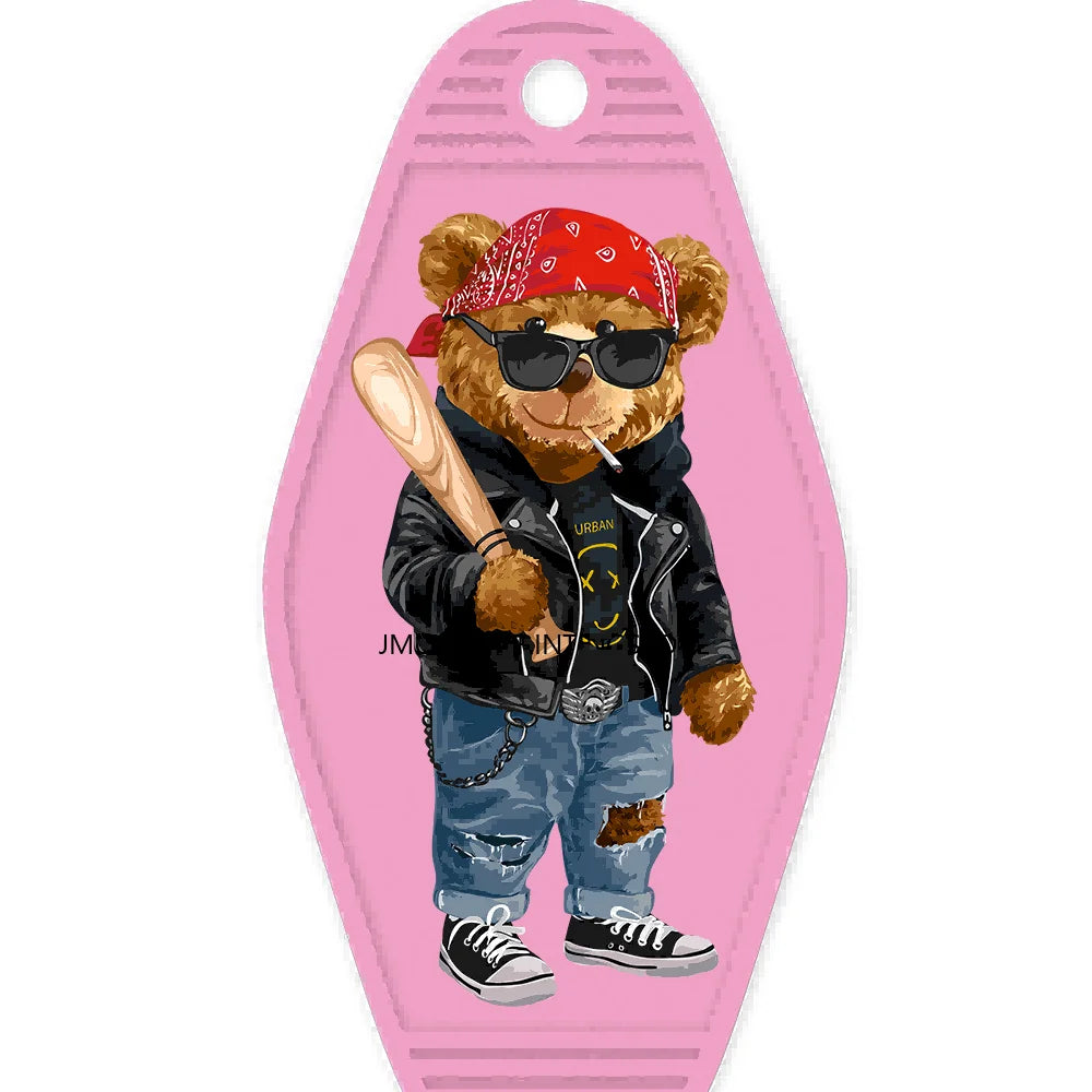 Cute Pink Teddy Bear Girl High Quality WaterProof UV DTF Sticker For Motel Hotel Keychain Brown Bears Baseball