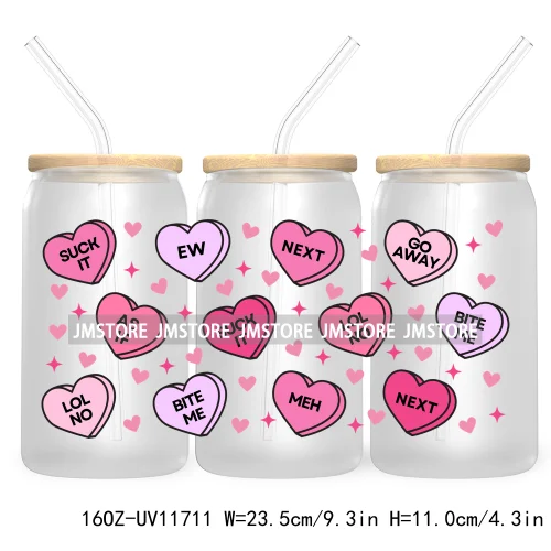 Funny Valentines Quotes 16OZ UV Cup Wrap DTF Transfer Stickers For Libbey Glass Can Cups Tumbler Self Love Valentine Hearts Kiss