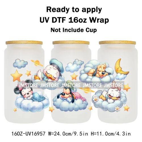 Cute Cartoon Character Sleeping On The Clouds UV DTF Stickers Ready To Apply Cup Wrap Custom Labels For 16OZ Libbey Can Glass