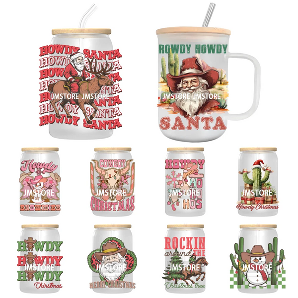 Retro Western Christmas Cowgirl Howdy Santa UV Sticker Decals For Libbey Cold Cups Mugs Tumbler Transfer Stickers Xmas Season