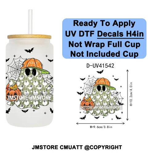 Spooky Highland Cow Halloween Ghosts Pumpkin UV DTF Decals Ready To Apply Waterproof Transfer Stickers For 16OZ Libbey Glass Can