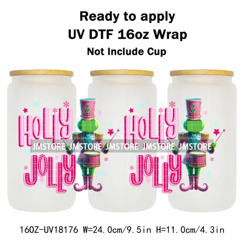 Faux Glitter Preppy Nutcracker Christmas UV DTF Cup Wrap Ready To Apply Transfer Sticker 16OZ Tumbler Wraps For Libbey Glass Can