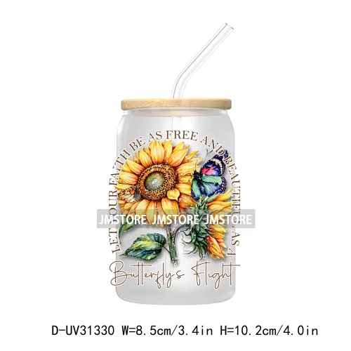 Christian Faith God Blessed Sunflowers Butterfly UV Sticker Decals For Libbey Cold Cup Mug Tumbler Transfer Stickers Bible Verse