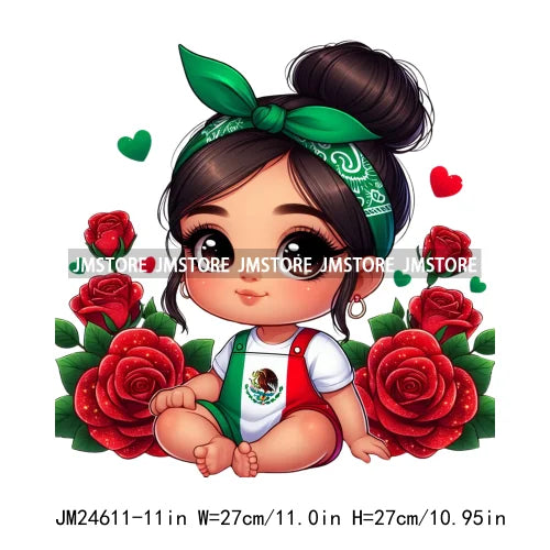 Cute Chibi Mexican Girl Designs Hispanic Red Rose Green Coquette Bow Latina Princess Iron On DTF Transfers Stickers For T-shirts