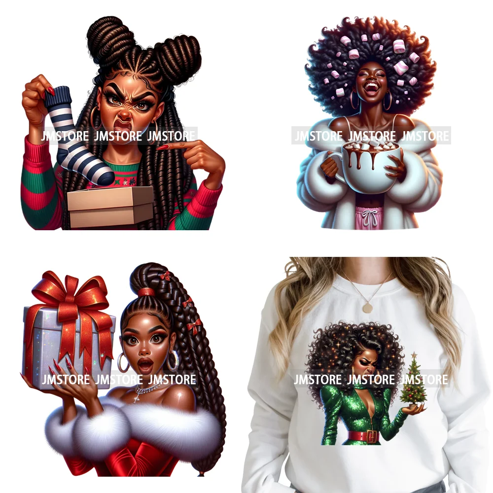 Funny Xmas Afro Glam Girly Gifts Holly Christmas Light Iron on Washable DTF Heat Transfers Stickers Ready to Press for Clothes
