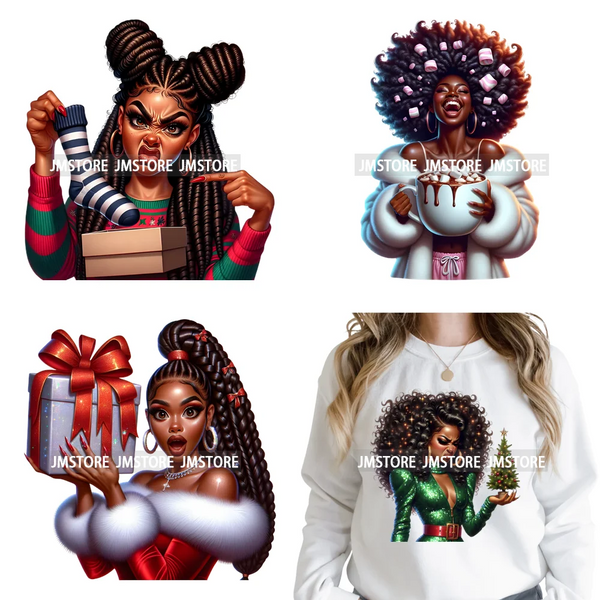 Funny Xmas Afro Glam Girly Gifts Holly Christmas Light Iron on Washable DTF Heat Transfers Stickers Ready to Press for Clothes