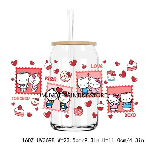 Cartoon Hello Girl Cat Valentine's Day UV DTF Sticker For 16OZ Libbey Glass Cup Can Wrap Transfer Sticker Custom Labels DIY Logo