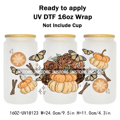 Halloween Pumpkin Spice Magical Cartoon 16OZ UV DTF Cup Wraps Ready To Apply Waterproof Transfer Stickers For Libbey Glass Can