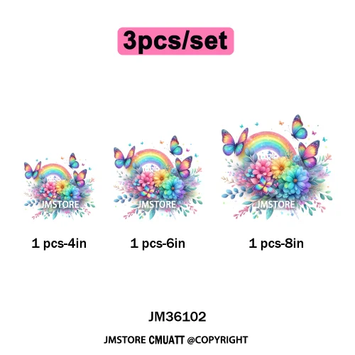 Colorful Sparkling Rainbow Butterflies Flowers Lovers Washable Iron on DTF Transfers Stickers Diy Ready to Press for Clothes