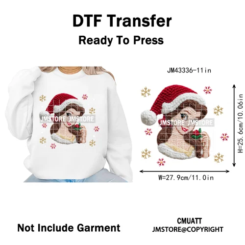 Cute Faux Knitting Yarn Princess Cartoon Character Christmas Holiday Iron on DTF Transfers Stickers Ready to Press for Hoodies