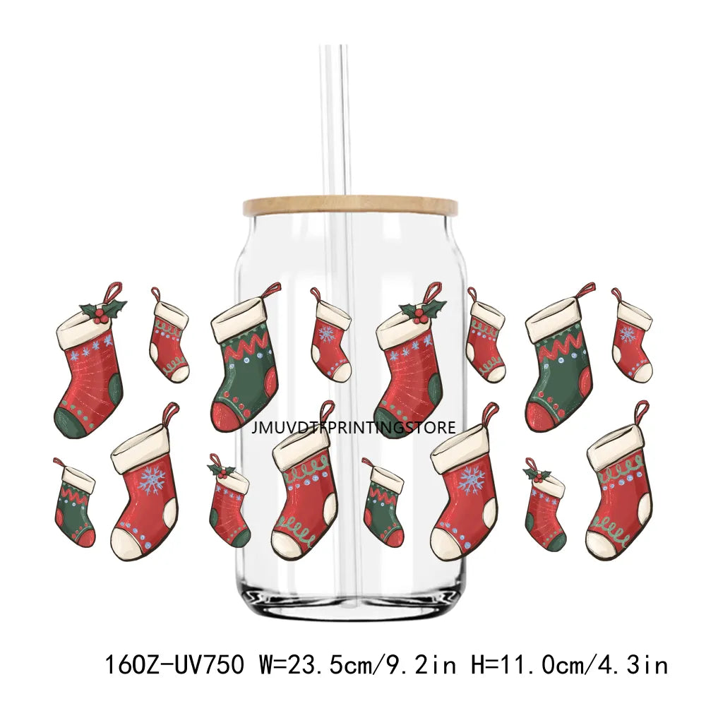 Christmas Santa Sock Tree 16OZ UV DTF Cup Wrap Transfers Stickers Custom Labels DIY Durable Waterproof Logo For Libbey Glass Can