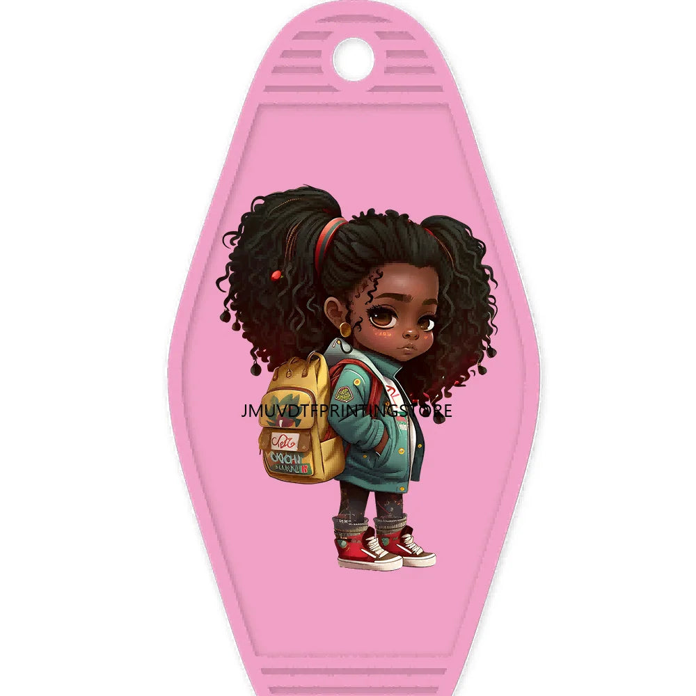 School Melanin Black Girls With Luggage High Quality WaterProof UV DTF Sticker For Motel Hotel Keychain Afro Children