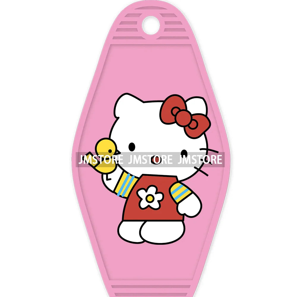 Cute Cartoon Pink Hello Cat With Bow Flower High Quality WaterProof UV DTF Sticker For Motel Hotel Keychain Labels DIY Logo