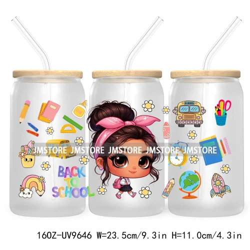 Back To School Cartoon Princess 16OZ UV Cup Wrap DTF Transfer Sticker For Libbey Glass Can Cups Tumbler Waterproof Label Teacher