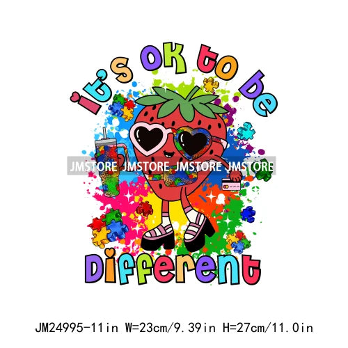 Colorful Autism Awareness Printing It's Okay To Be Different Iron On Heat Press DTF Transfer Stickers Ready To Press For Clothes