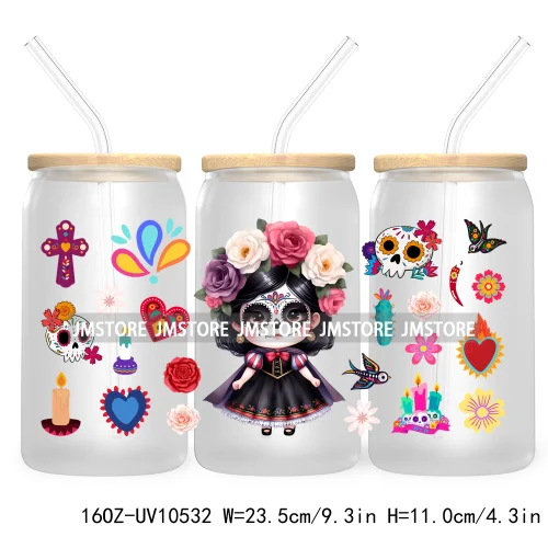 Dia De Los Muertos Mexican UV DTF Sticker For 16OZ Libbey Glass Cup Can Wrap Transfer Stickers Hispanic Halloween Sugar Skulls