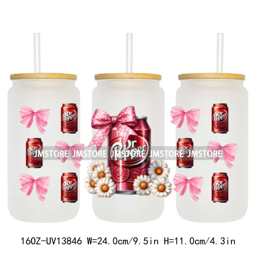Soft Drink Pink Bow Coquette Strawberry UV DTF Wraps Transfer Sticker Selfadhesive Waterproof  For 16OZ Libbey Glass Can Tumbler