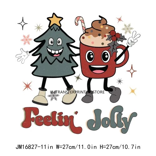 New Merry Christmas Rock Around The Christmas Tree Stickers Santa Light Candy Cookie Hot Cocoa DTF Transfers Decals For Clothing
