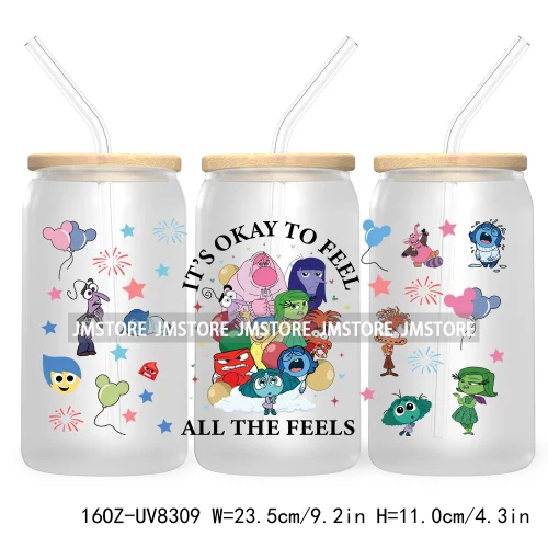 It's Okay To Feel All The Feels UV DTF Cup Wrap For 16OZ Glass Cup Can Transfer Stickers Custom Label Logo Inside Out Characters