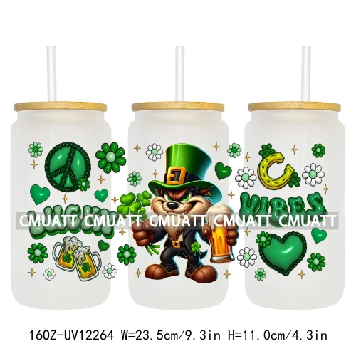 Happy St Patricks Cartoon Princess Characters Feeling Lucky Four Leaf Clover 16OZ UV DTF Cup Wrap Sticker For Libbey Glass Can