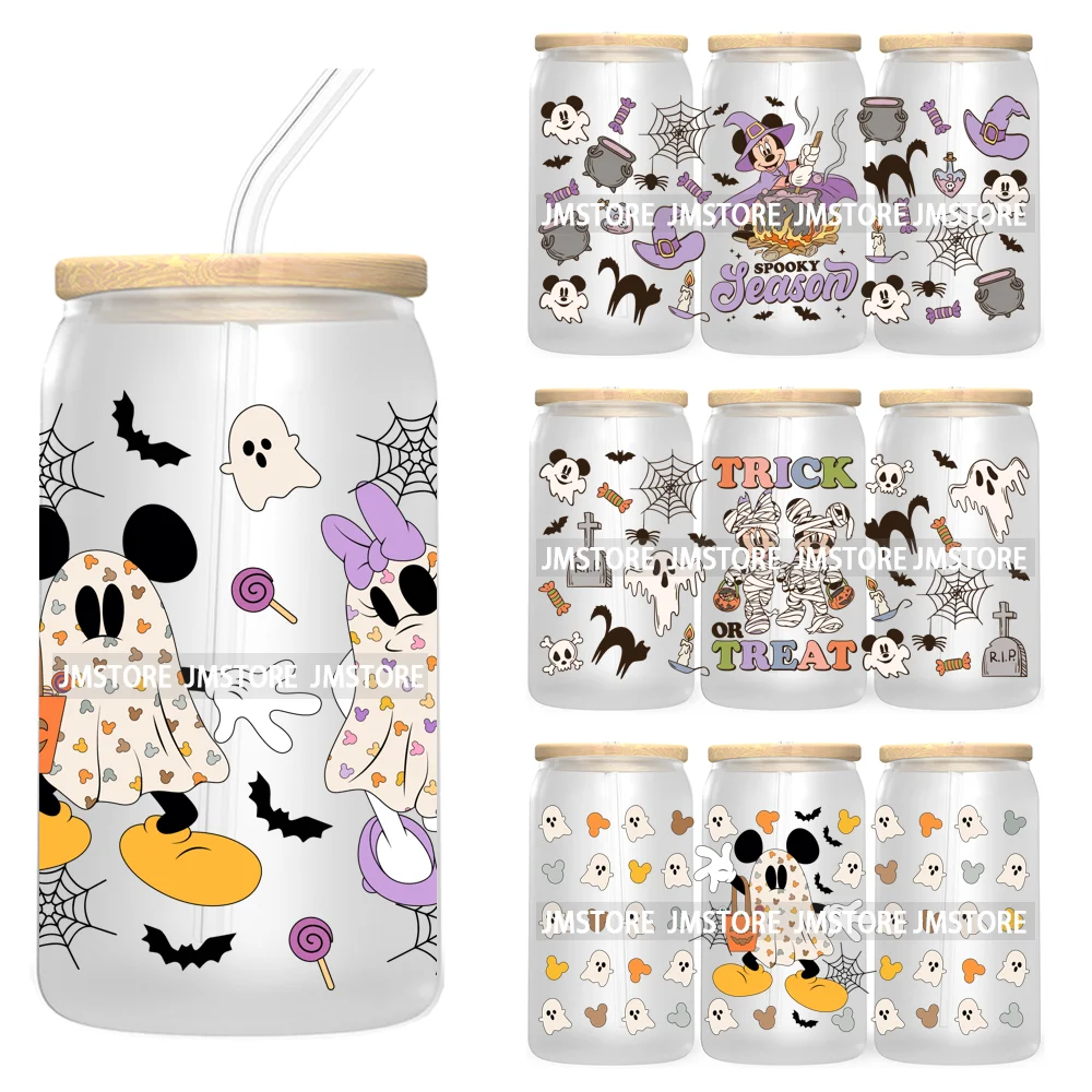 Fall Pumpkin Halloween Season 16OZ UV Cup Wrap DTF Transfer Stickers For Libbey Glass Can Cups Tumbler Cute Cartoon Mouse Ghost