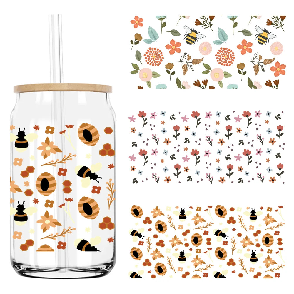 Wild Floral Flowers Bee And Fruits UV DTF Sticker For 16OZ Libbey Glass Cup Can Wrap Transfer Sticker Custom Labels DIY Logo