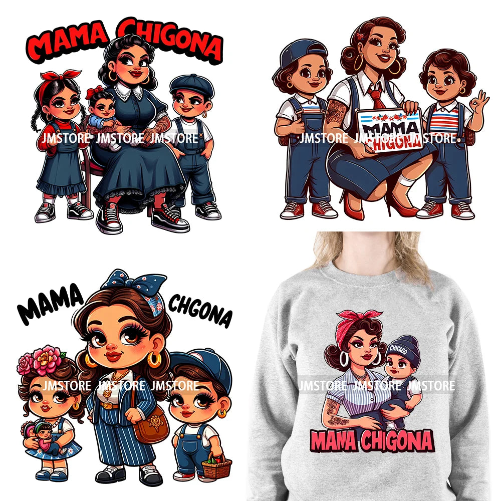 Cartoon Mama Chingona Chicana Latina Mexican Spanish Mom Kids Happy Mother's Day Iron On DTF Transfer Stickers For Clothes