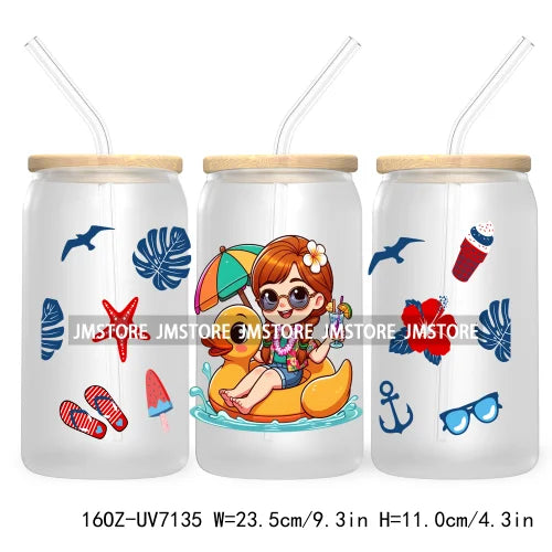 Cartoon Princess's Summer Vacation 16OZ UV DTF Cup Wrap Transfers Stickers For Libbey Glass Can Cups Tumbler Waterproof Craft