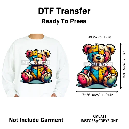 12in Cartoon Gangster Hip Hop Streetwear Teddy Bear Lover Designs Iron on DTF Heat Transfers Stickers Ready to Press for Hoodies