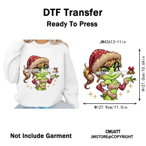 Faux Glitter Cartoon Christmas Movie Green Santa Kid Girly Xmas Iron on DTF Washable Transfer Sticker Ready to Press for Textile