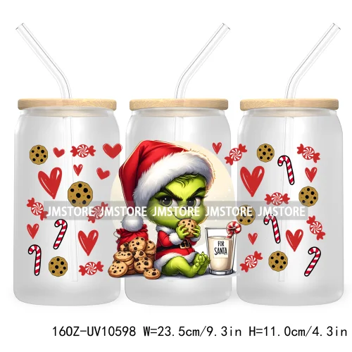 Cute Baby Green Character Christmas Season 16OZ UV Cup Wrap DTF Transfer Stickers For Libbey Glass Can Cups Tumbler Coquette Bow