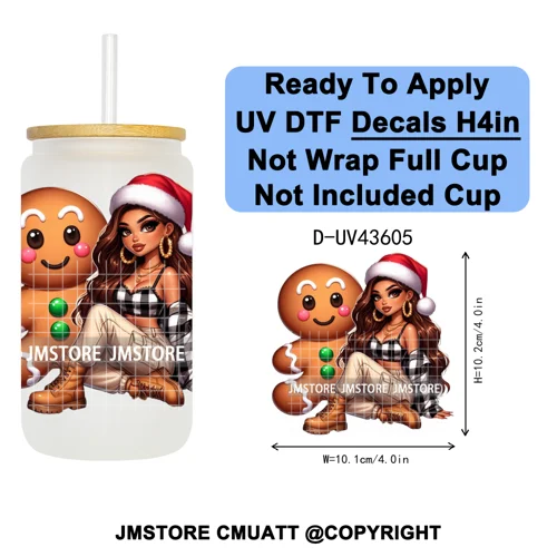 Mexican Girl Christmas Gingerbread UV DTF Cup Decals Ready To Apply Transfer Stickers Durable Custom Labels For Libbey Glass Can