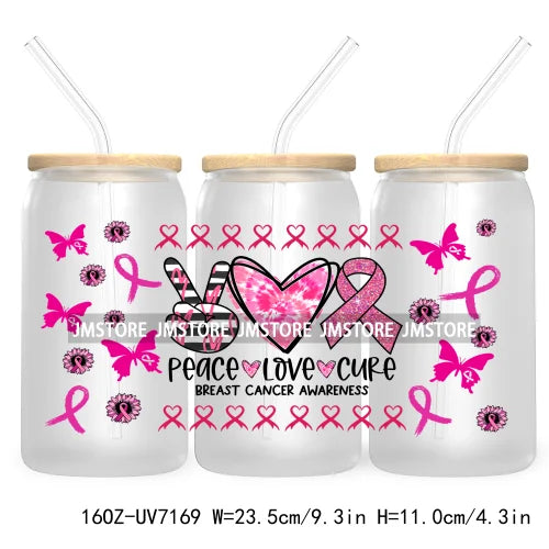 Peace Love Cure Breast Cancer Awareness Pink 16OZ UV DTF Cup Wrap Transfer Stickers For Libbey Glass Can Cups Tumbler October