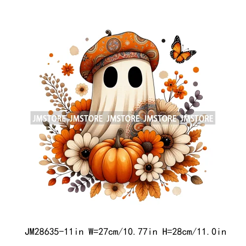 Cute Fall Florals Spooky Ghost Halloween Pumpkins Leaves Autumn  Iron On DTF Transfers Stickers Ready To Press For T-shirts Bags