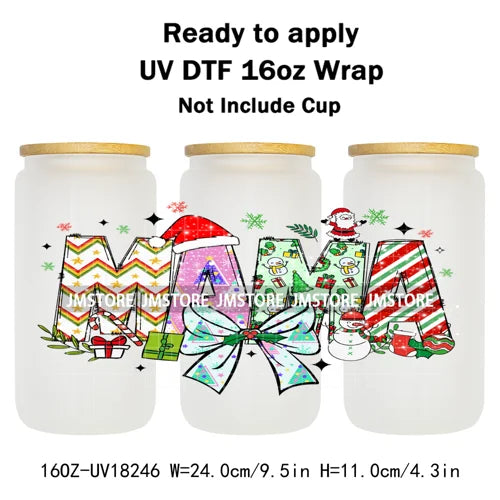 Christmas Mama Mini Coquette Family Xmas 16OZ UV DTF Cup Wraps Ready To Apply Waterproof Transfer Stickers For Libbey Glass Can